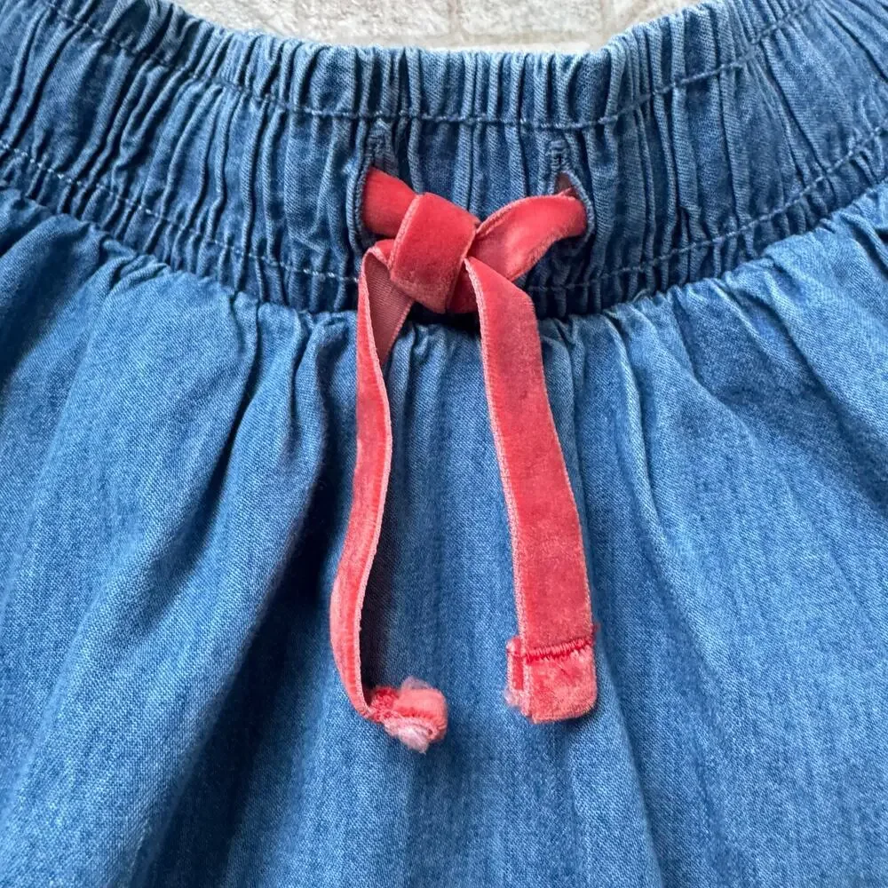 Mini Boden Denim Look Circle Skirt Size 12 Years Pockets Pink Tie School Play